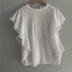 Beach Lunch Lounge White Smocked Cotton Flutter Sleeve Blouse XS